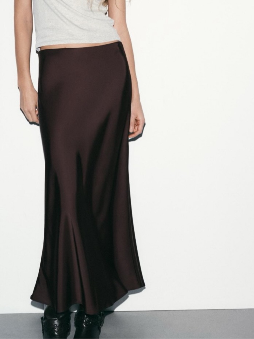 Zara Satin Maxi Skirt in Deep Brown
